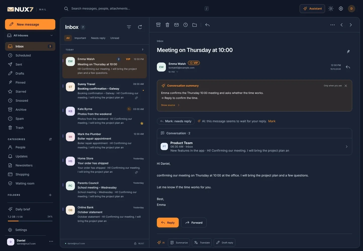 The NUX7 daily report with example messages