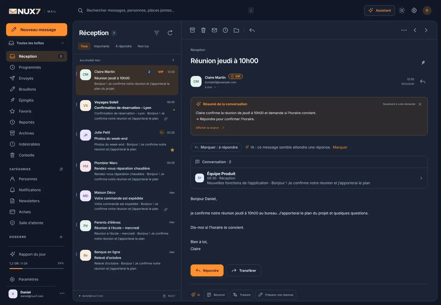 Le rapport quotidien NUX7 avec des messages d’exemple